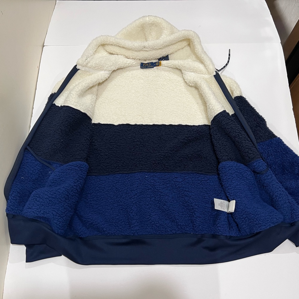 Ralph Lauren Polo, Sherpa Full Zip Hoodie, Blue & White - Picture 9 of 10